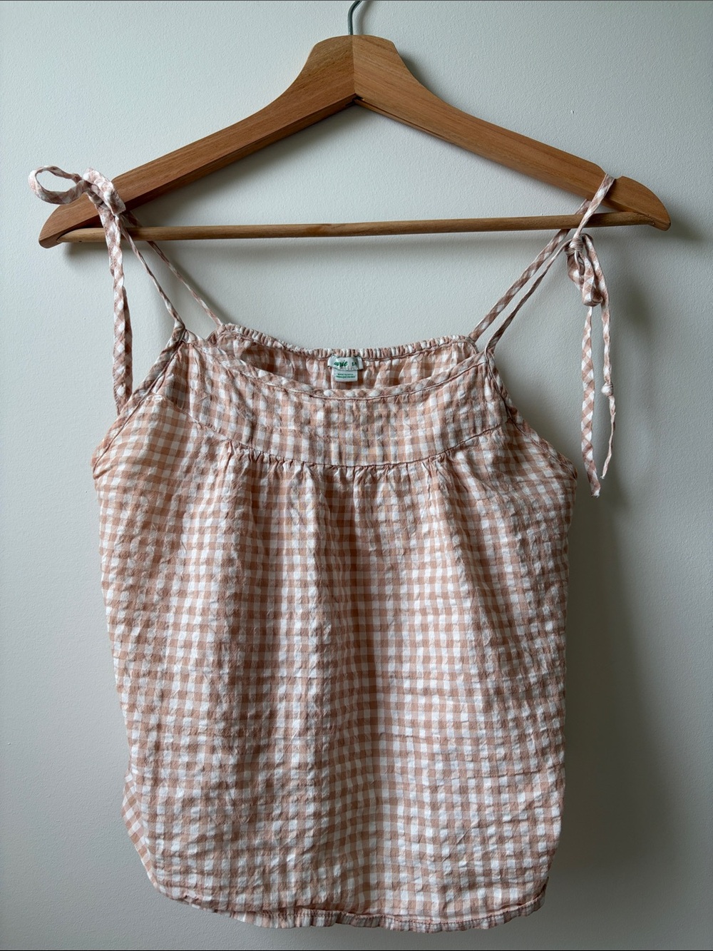 aerie Beige and White Gingham Tie-Strap peasant style top